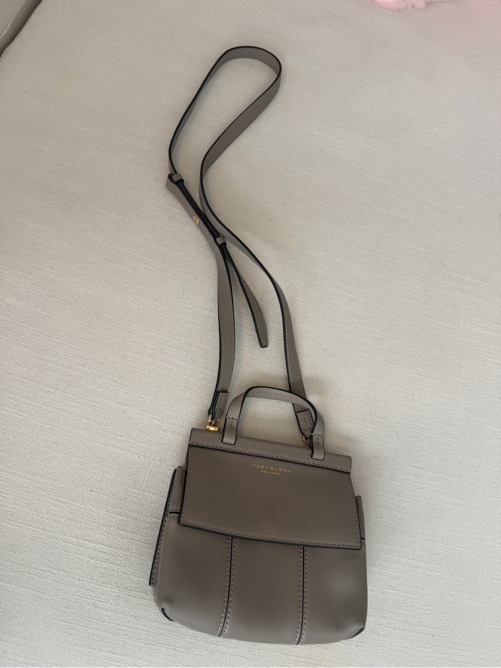 Tory Burch Gray-Taupe Leather Mini Crossbody with Top Handle